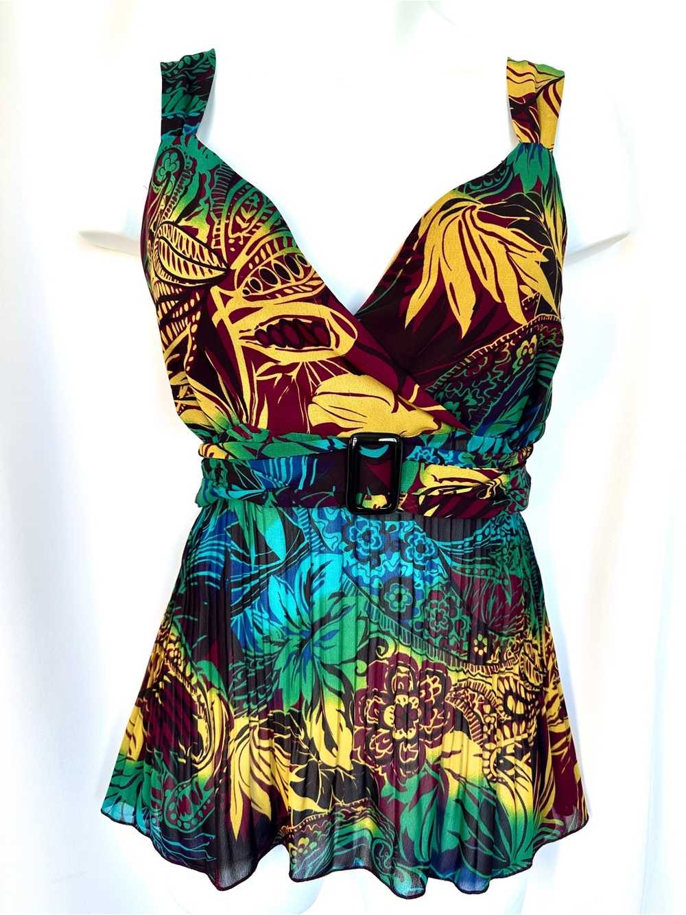 VTG Y2K DARK FLORAL PAISLEY FLOWY MIRCRO PLEAT BUCKLE BABYDOLL GOING OUT TOP XL